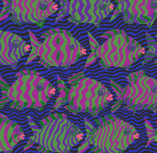 Pattern of colorful fish with wavy lines on a multicolored background