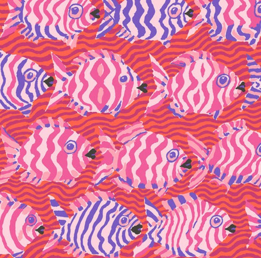 Pattern of pink and purple fish on a red background