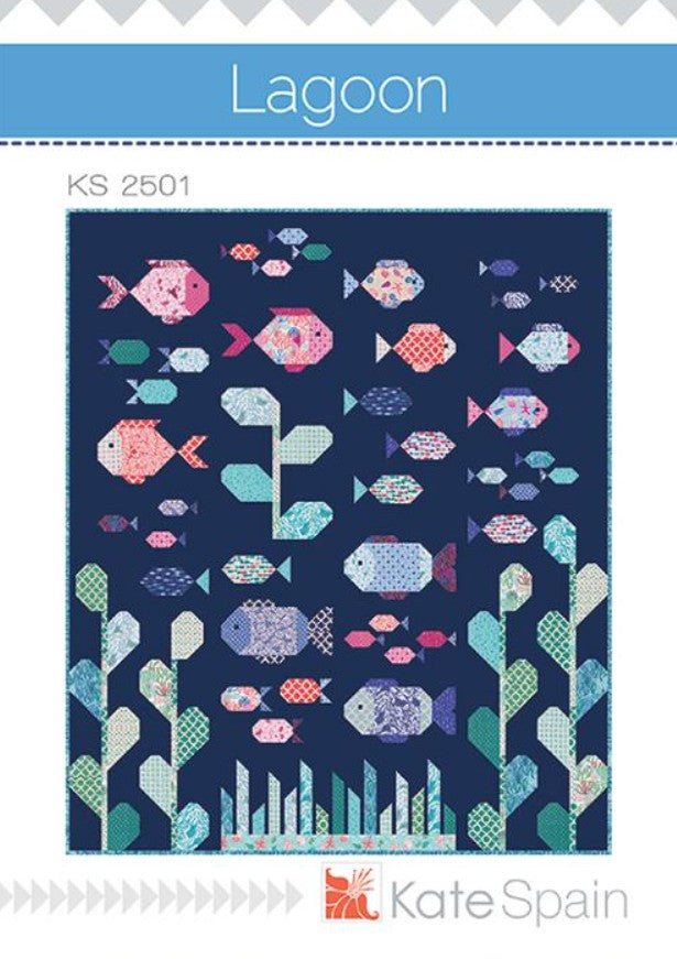 Quilt pattern cover titled 'Lagoon' by Kate Spain with colorful fish design on a blue background.