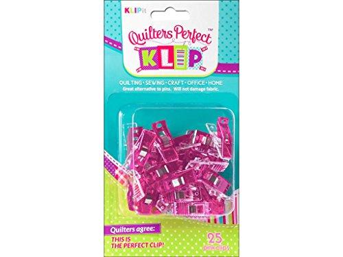 Package of pink clips with 'Quilter's Perfect Klip' branding on a teal background
