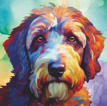 Colorful painting of a dog's face with a vibrant background
