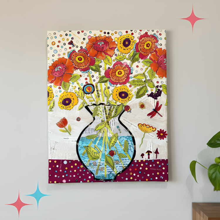 Colorful floral artwork with a blue vase on a white wall.