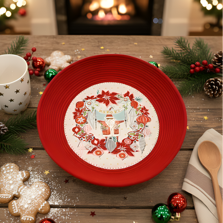 Red plate with Christmas design on a festive table setting.
