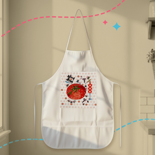 White apron with a colorful design hanging on a beige wall.
