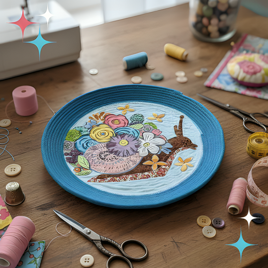 Embroidery hoop with colorful snail design on a wooden table with sewing supplies.