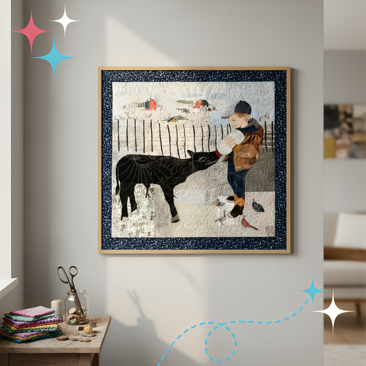 Framed artwork of a boy and cow in a room with sewing materials on a table.