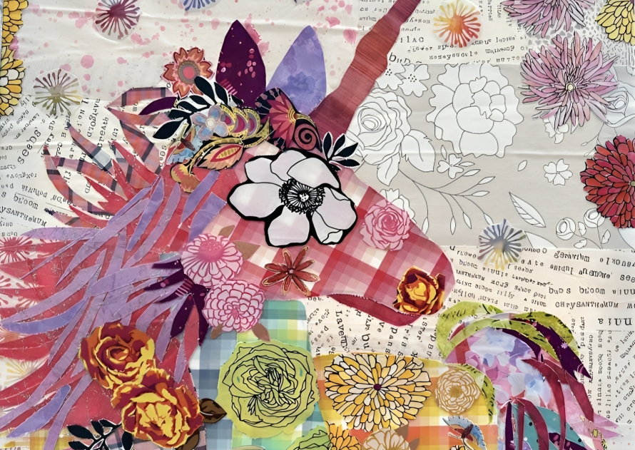 Naola Unicorn fabric collage created by instructor Donna Galvan using Laura Heine’s Naola pattern, featuring layered pastel fabrics and whimsical textile art design.