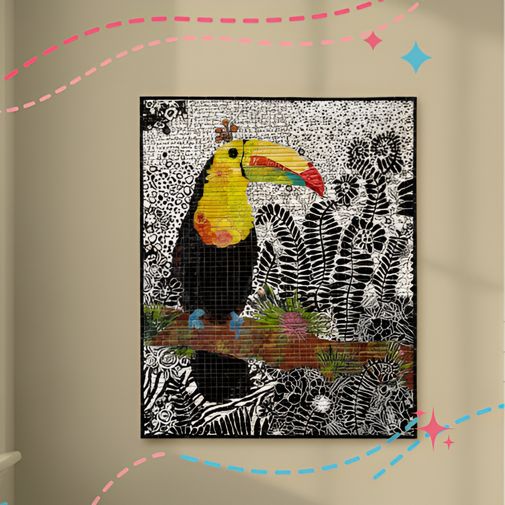 Colorful toucan illustration on a black and white patterned background