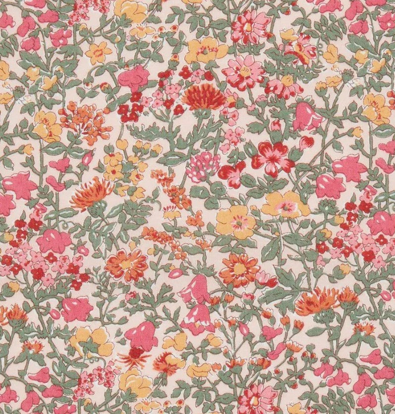 Floral pattern with pink, yellow, and orange flowers on a beige background