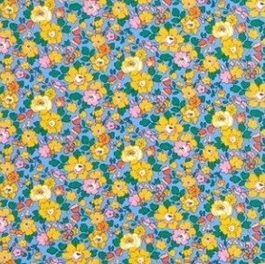 Pattern of small flowers in various colors on a blue background