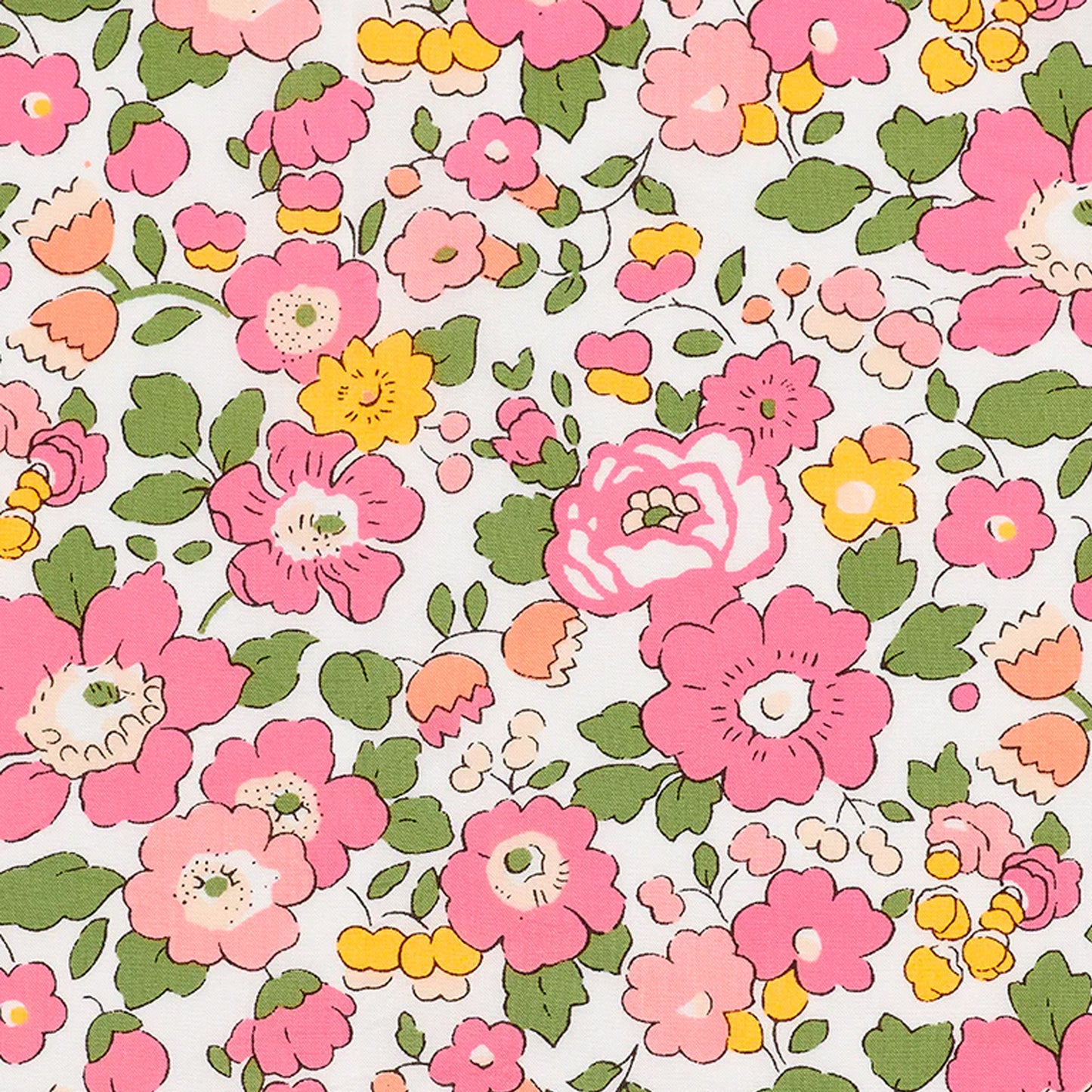 Pattern of pink, yellow, and green flowers on a white background
