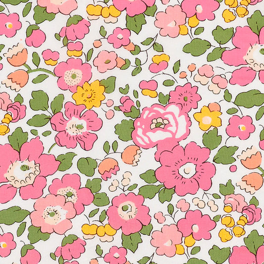 Pattern of pink, yellow, and green flowers on a white background
