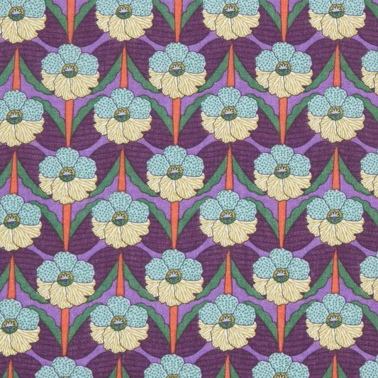 Patterned fabric with blue and yellow flowers on a purple background