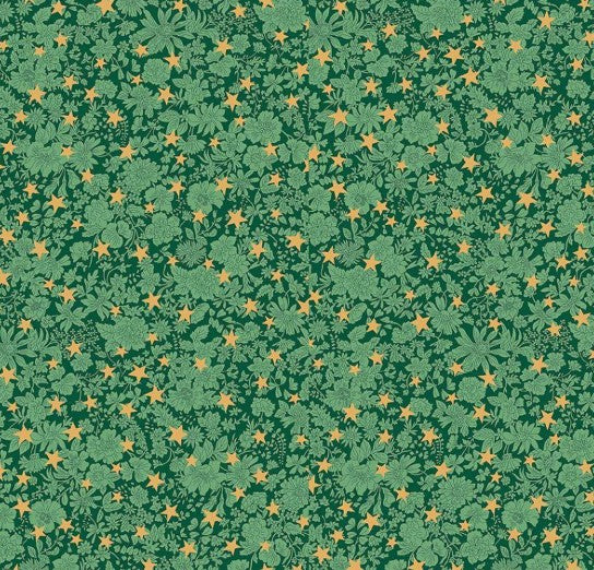 Pine green Christmas fabric with metallic gold star pattern from Liberty Fabrics.
