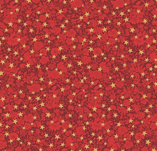 Red Christmas floral fabric with metallic accents featuring the Emily Star design by Liberty Fabrics.
