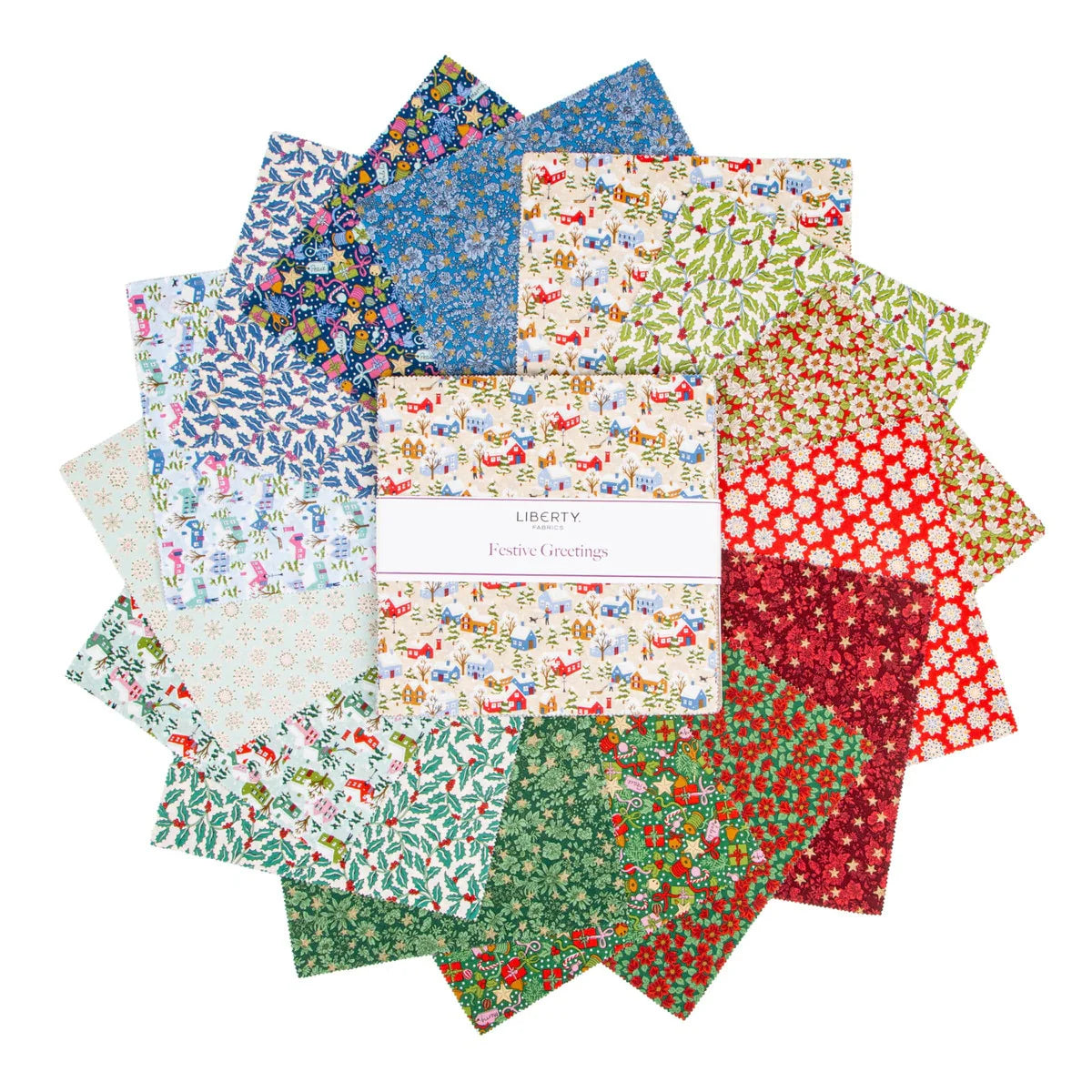 Liberty Fabrics Festive Greetings 10-inch Stacker with 42 Christmas-themed quilting cotton squares.