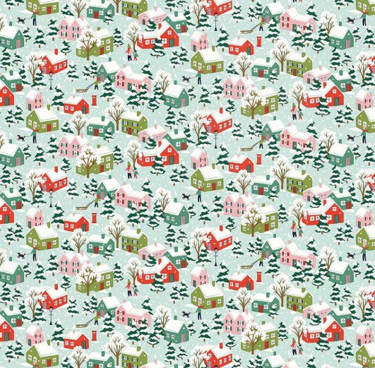 Aqua Christmas fabric with illustrated winter village scene from Liberty Fabrics.