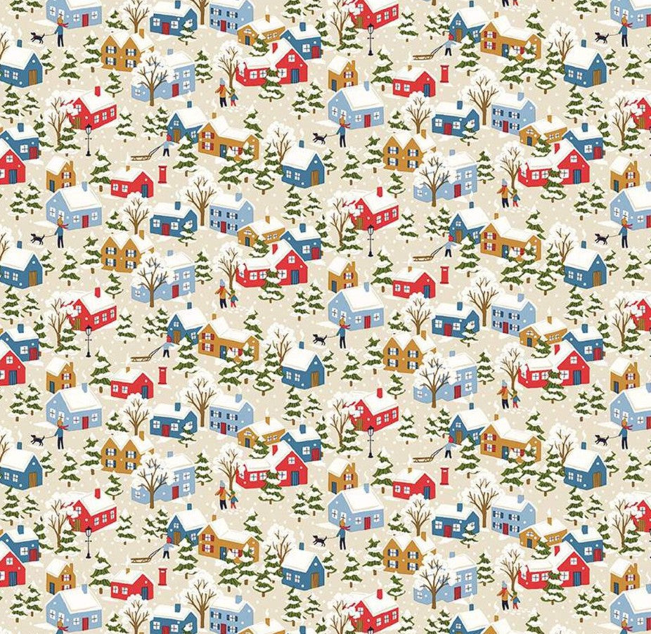 Beige Christmas fabric with illustrated winter village scene from Liberty Fabrics.