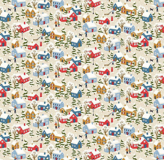 Beige Christmas fabric with illustrated winter village scene from Liberty Fabrics.