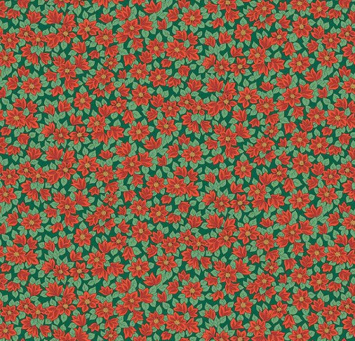 Green Christmas fabric with red poinsettia flowers from Liberty Fabrics.