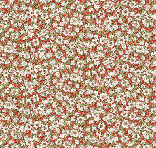 Red Christmas fabric with ivory poinsettia flowers from Liberty Fabrics.