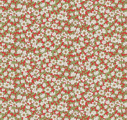 Red Christmas fabric with ivory poinsettia flowers from Liberty Fabrics.