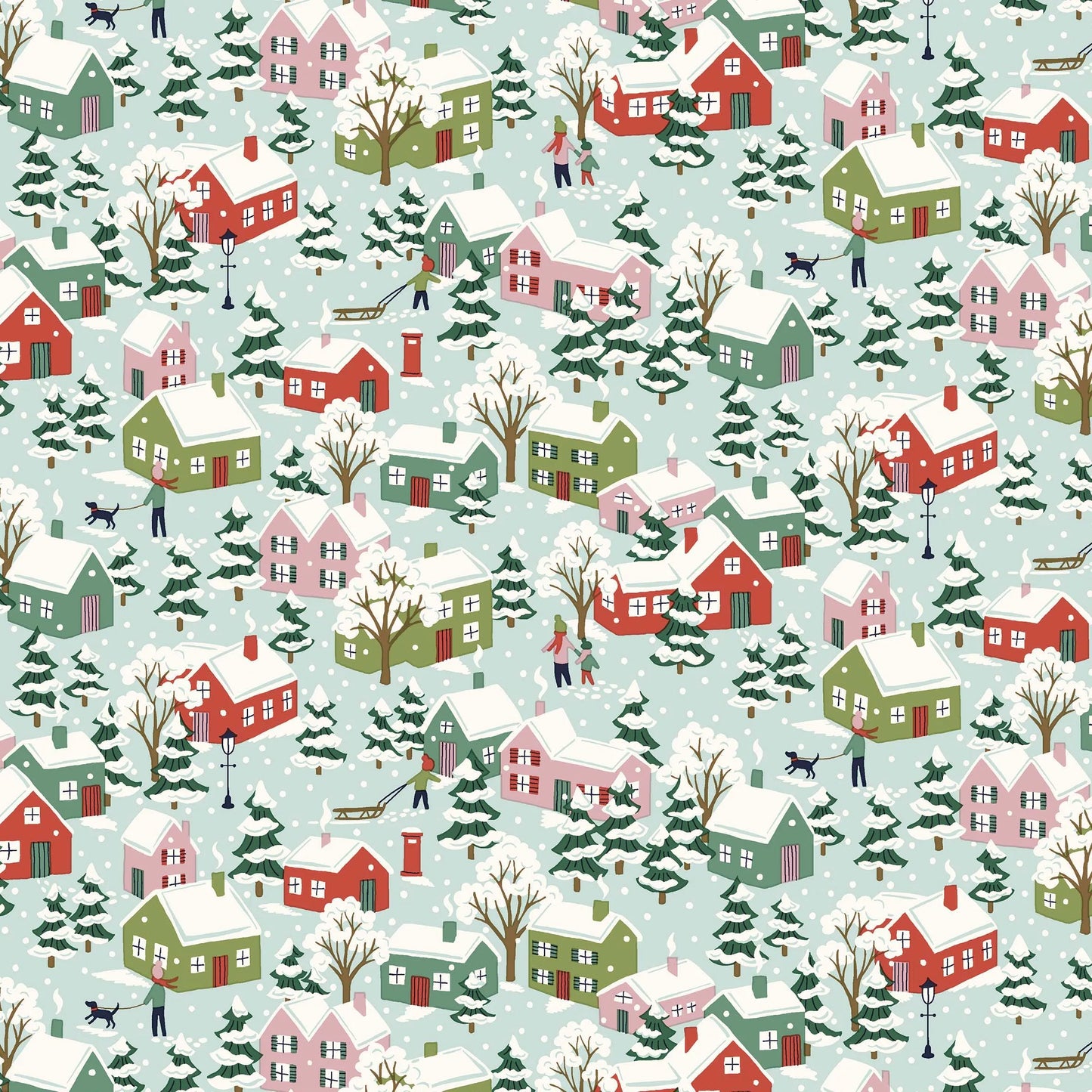 Blue Christmas fabric with illustrated winter village scene from Liberty Fabrics Festive Greetings collection.