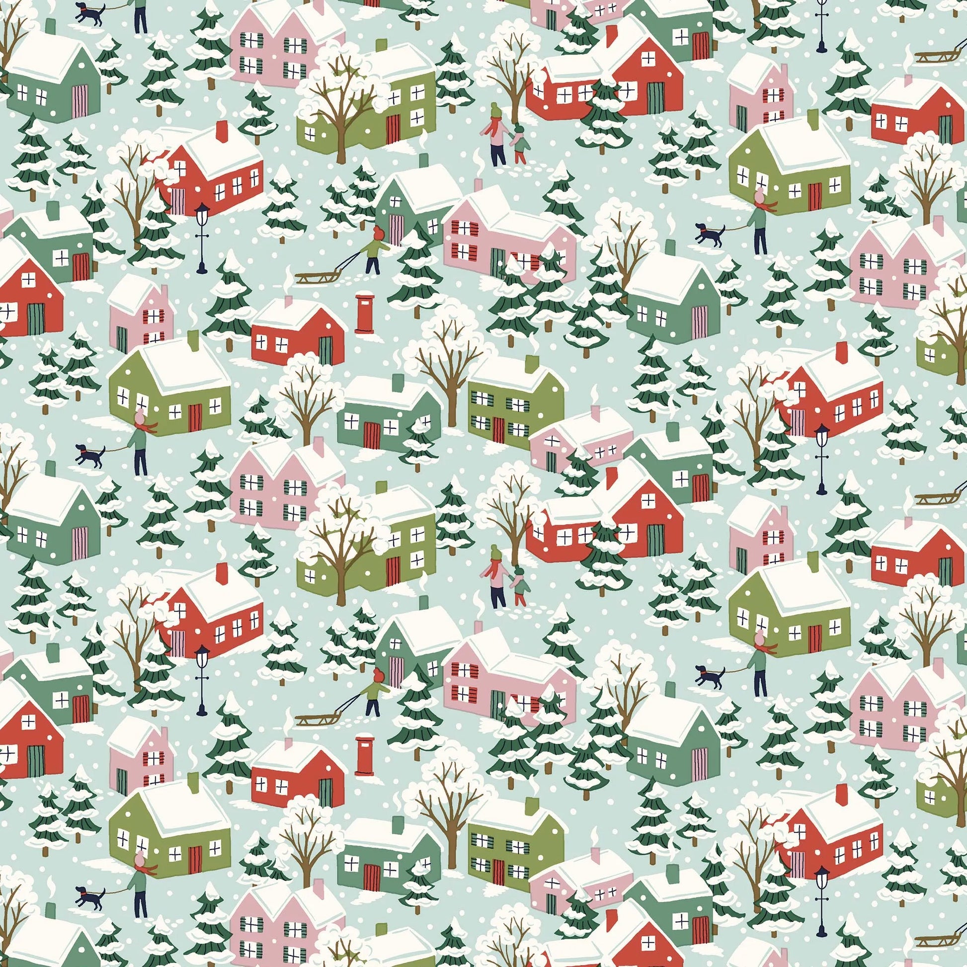Blue Christmas fabric with illustrated winter village scene from Liberty Fabrics Festive Greetings collection.