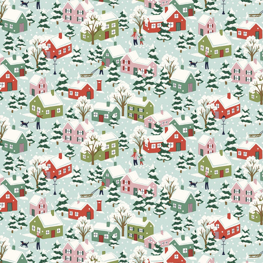 Blue Christmas fabric with illustrated winter village scene from Liberty Fabrics Festive Greetings collection.