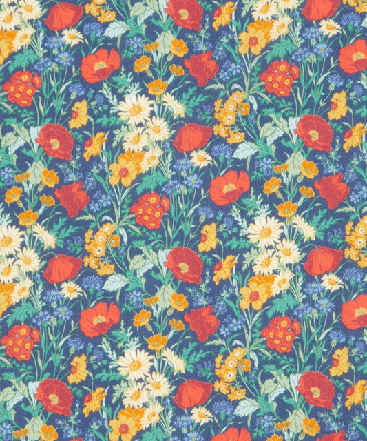 Colorful floral pattern with red, yellow, and white flowers on a blue background