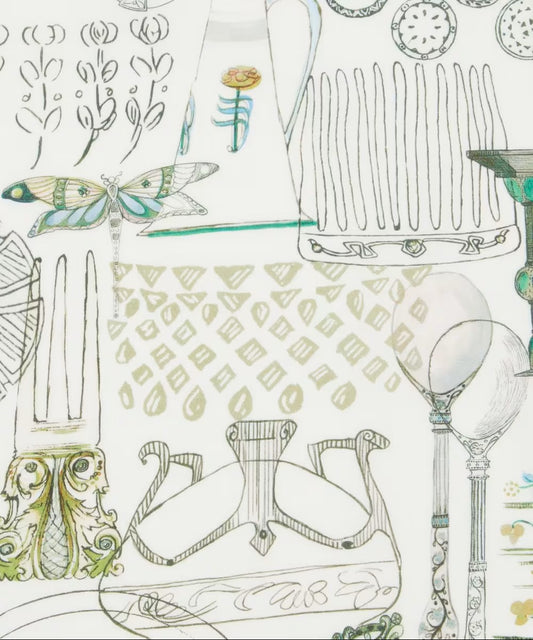Decorative wallpaper with vintage-style illustrations of spoons, combs, and other kitchen utensils on a white background.