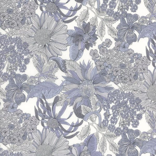 Pattern of blue and gray flowers on a white background