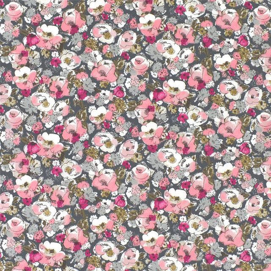 Floral pattern with pink, white, and gray flowers on a dark background