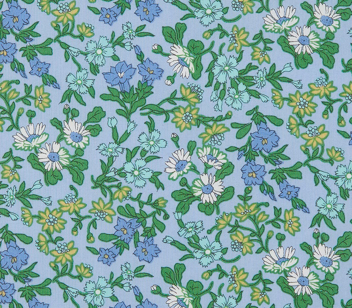 Floral pattern with blue, green, and white flowers on a light blue background