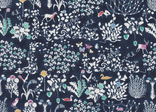 Navy blue fabric with white floral and animal pattern