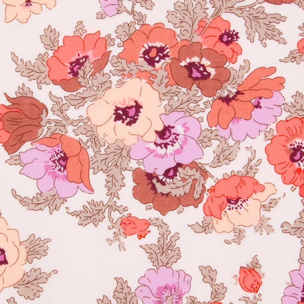 Floral pattern with pink, orange, and purple flowers on a light background