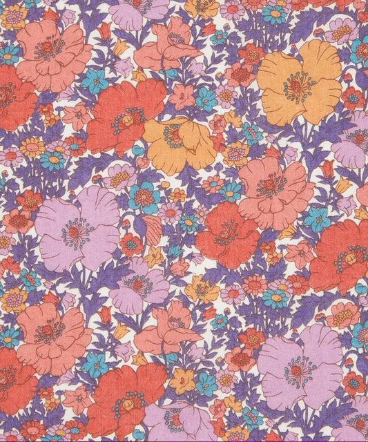 Colorful floral pattern with various flowers on a multicolored background