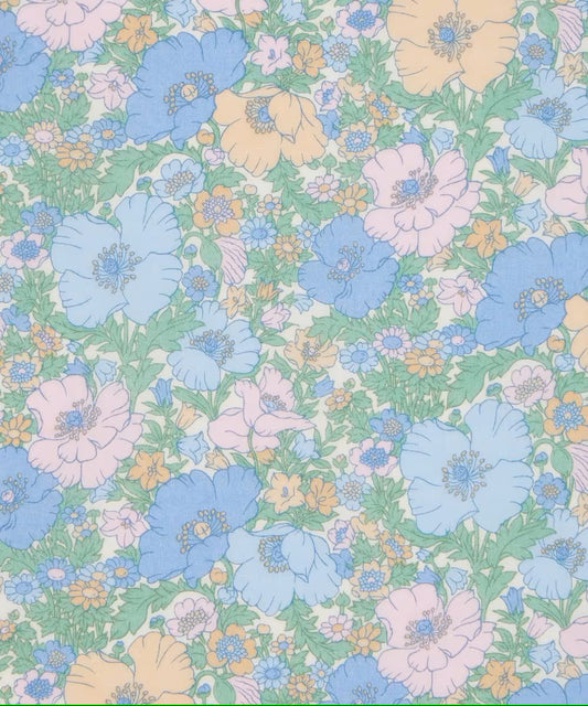 Pastel floral pattern with blue, pink, and green flowers on a white background