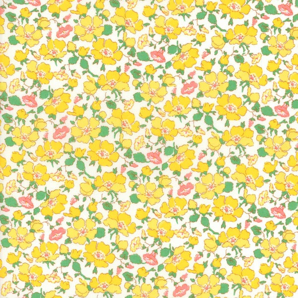 Floral pattern with yellow, pink, and green flowers on a white background