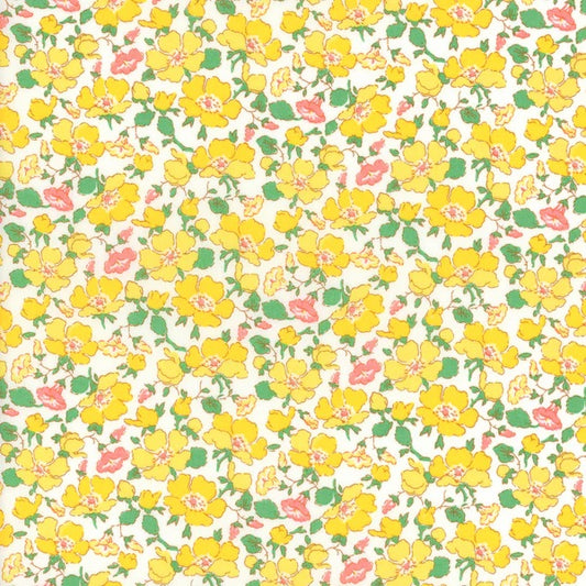 Floral pattern with yellow, pink, and green flowers on a white background
