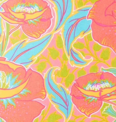 Colorful floral pattern with pink, green, and blue colors on a pink background