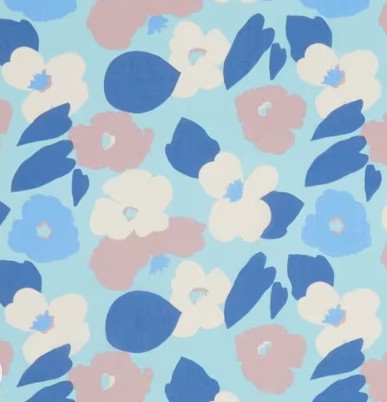 Floral pattern with blue, pink, and white flowers on a light blue background