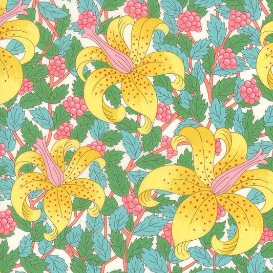 Pattern of yellow flowers with pink centers and green leaves on a white background