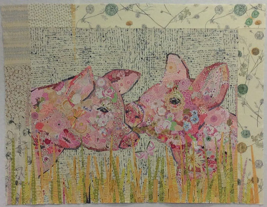 Lola & Olive collage quilt pattern by Laura Heine featuring two cute pigs in a floral fabric collage design