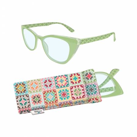 Green cat-eye glasses with a colorful case on a white background