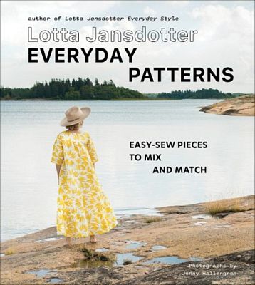 Book cover of 'Everyday Patterns' by Lotta Jansdotter with a woman in a yellow dress standing on rocks by a lake.