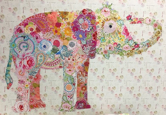 Lulu the Elephant collage quilt pattern by Laura Heine featuring a whimsical elephant design with scalloped edge