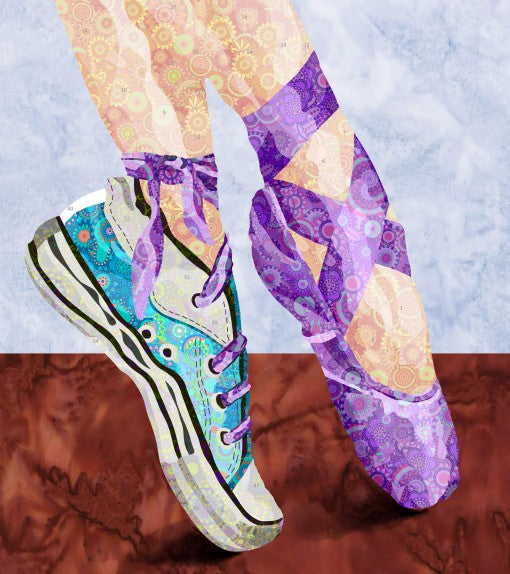 Colorful ballet shoes with floral patterns on a textured fabric background