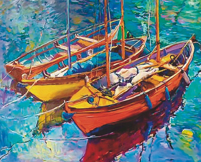 Colorful painting of boats on water