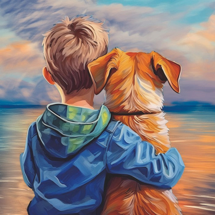 Illustration of a boy and his dog sitting together on a beach with a colorful sky.